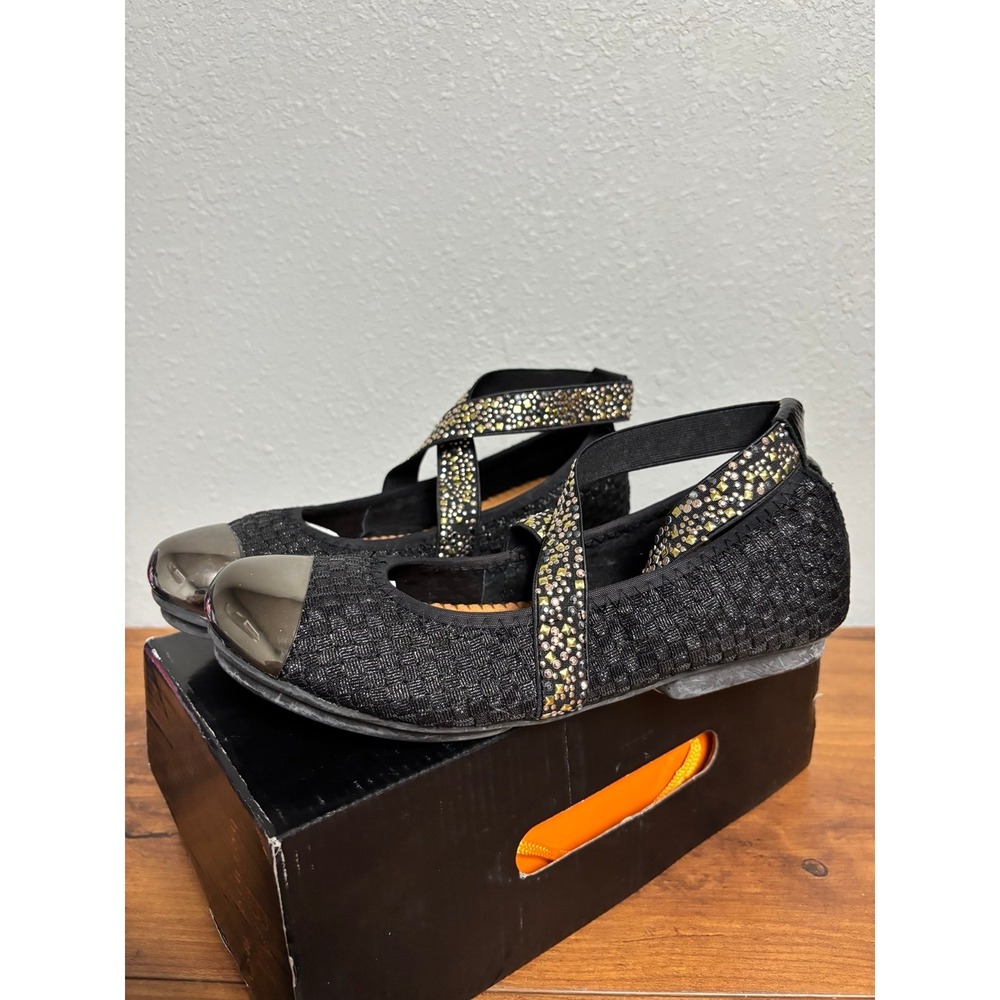 Bernie Mev Jazz Black Metallic Woven Cap Toe Studded Flats Size 37 US 6.5-7